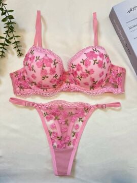 Pembe Yonca Desenli Dantel Sütyen & Tanga Takımı