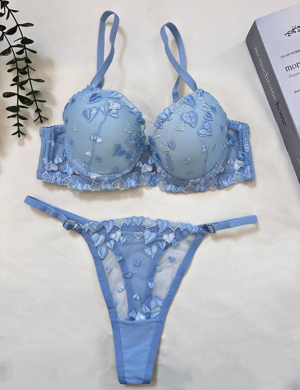Mavi Kalp Desenli Dantel Sütyen & Tanga Takımı