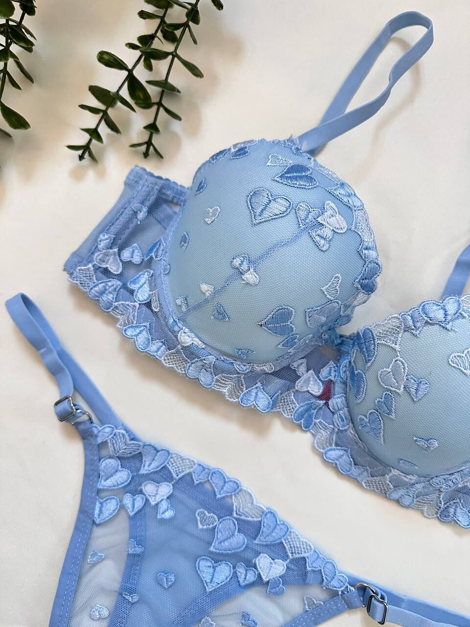 Mavi Kalp Desenli Dantel Sütyen & Tanga Takımı