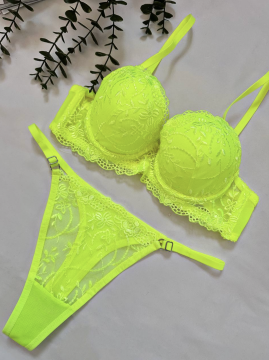 Neon Yeşil Çiçek Desenli Dantel Sütyen & Tanga Takımı