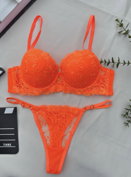 Neon Turuncu  Çiçek Desenli Dantel Sütyen & Tanga Takımı