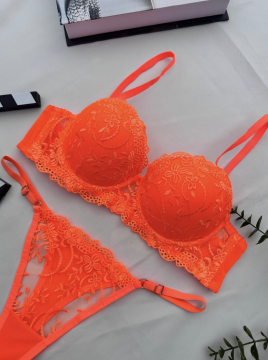 Neon Turuncu  Çiçek Desenli Dantel Sütyen & Tanga Takımı