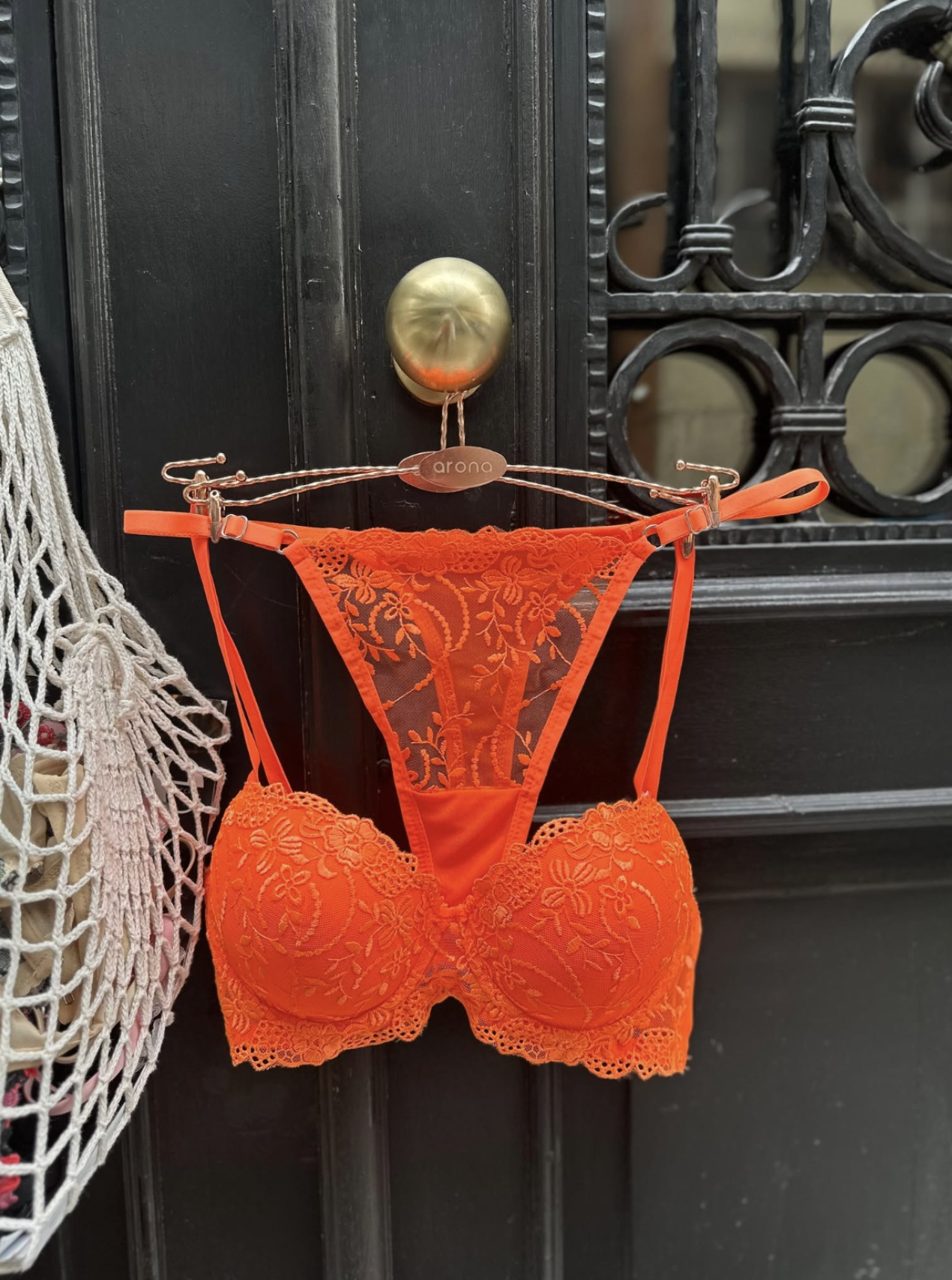 Neon Turuncu  Çiçek Desenli Dantel Sütyen & Tanga Takımı