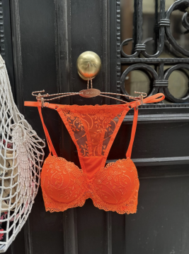 Neon Turuncu  Çiçek Desenli Dantel Sütyen & Tanga Takımı