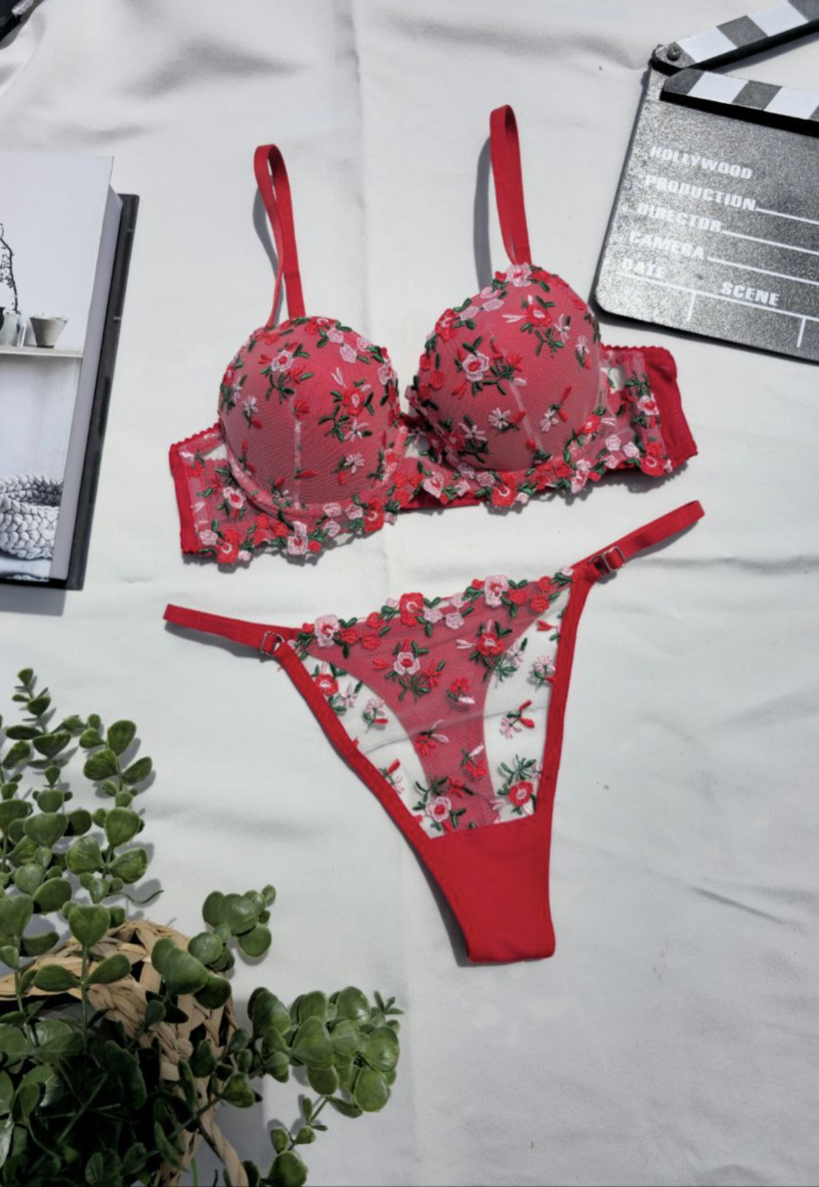 Çıtır Kırmızı Desenli Dantel Sütyen & Tanga Takımı