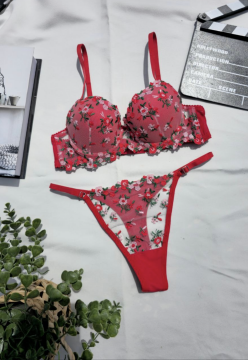 Çıtır Kırmızı Desenli Dantel Sütyen & Tanga Takımı