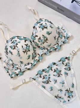 Ekru Yeşil Desenli Dantel Sütyen & Tanga Takımı