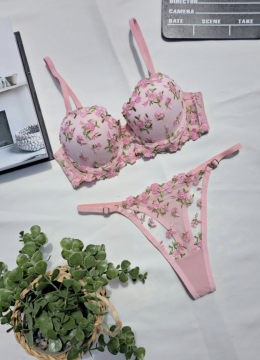 Çıtır Pembe Desenli Dantel Sütyen & Tanga Takımı