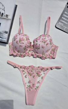 Çıtır Pembe Desenli Dantel Sütyen & Tanga Takımı