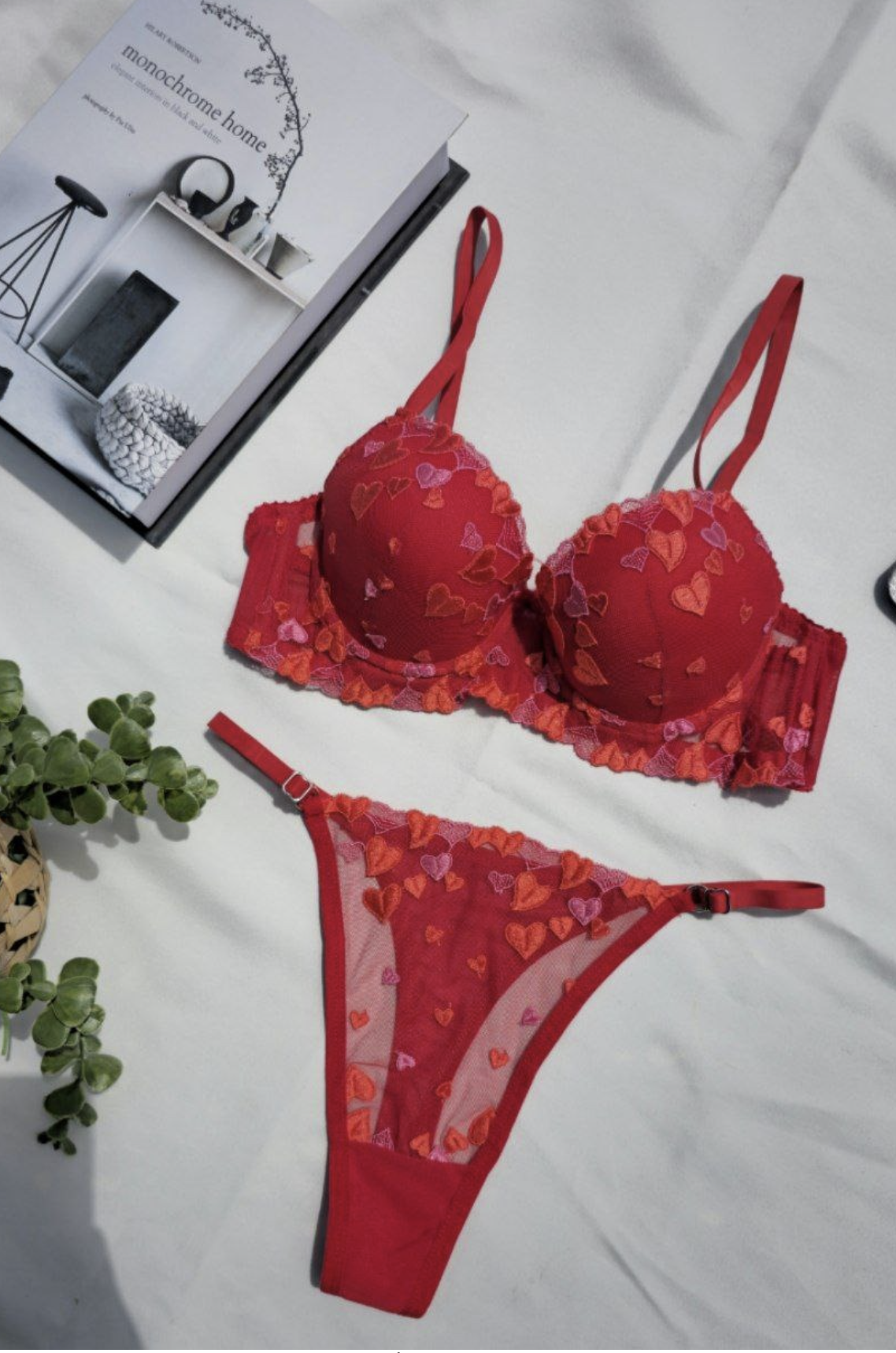 Kırmızı Kalp Desenli Dantel Sütyen & Tanga Takımı