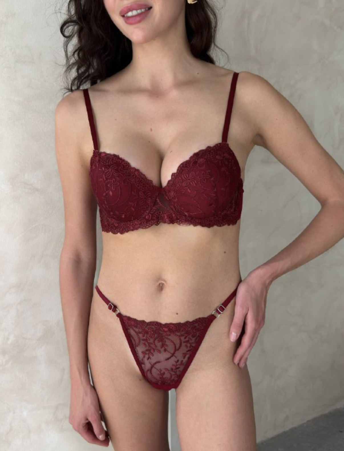 Bordo Desenli Dantel Sütyen & Tanga Takımı