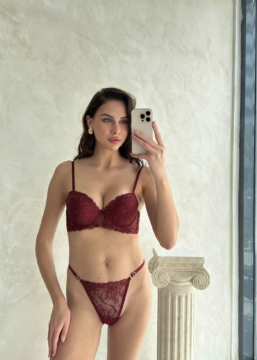 Bordo Desenli Dantel Sütyen & Tanga Takımı