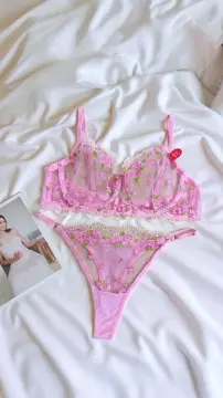 Çiçek Nakışlı Transparan Sütyen & Külot Takımı – C Cup - Pembe Büyük Çiçekli