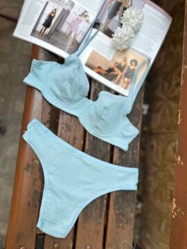 Pamuklu Kaşkorse Desteksiz Balenli Takım - Mavi