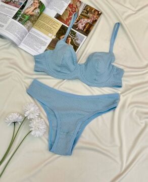 Pamuklu Kaşkorse Desteksiz Balenli Takım - Mavi