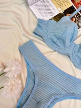 Pamuklu Kaşkorse Desteksiz Balenli Takım - Mavi