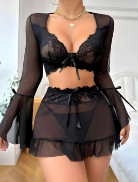 Siyah Dantelli Tül 3'lü Fantezi Takım