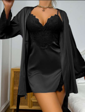 Lux Saten Kimono ve Gecelik İkili Set - Siyah