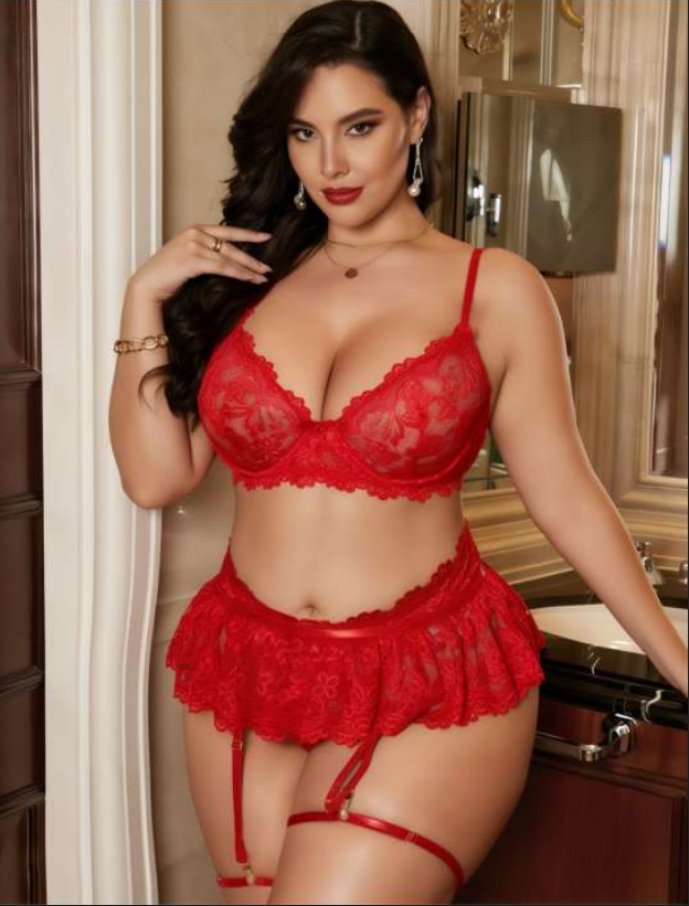 Büyük Beden Kırmızı Dantelli Jartiyer Takımı - Mini Etekli Lüks Seri