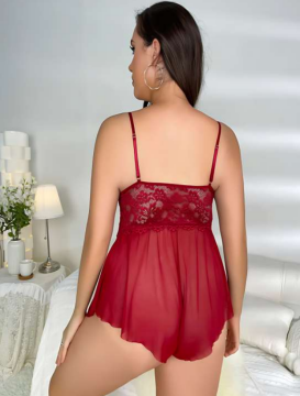 Büyük Beden Bordo Çapraz Dekolteli Dantel Babydoll