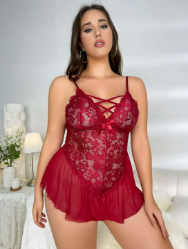 Büyük Beden Bordo Çapraz Dekolteli Dantel Babydoll