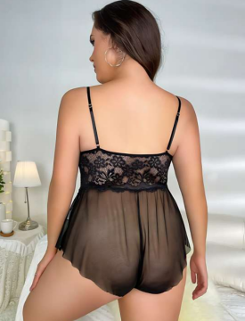 Büyük Beden Siyah Çapraz Dekolteli Dantel Babydoll