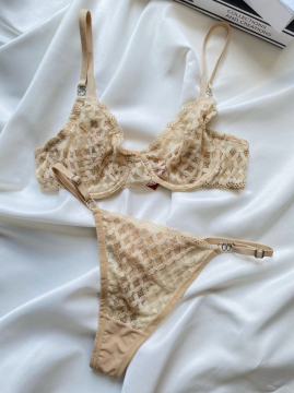 Dantelli Bralet Sütyen & Tanga Takımı - Bej