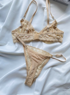 Dantelli Bralet Sütyen & Tanga Takımı - Bej