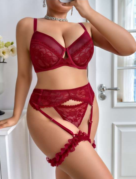 Büyük Beden Dantelli Bordo Fantezi Jartiyer Takım