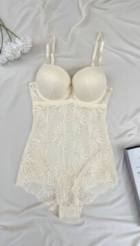 Desteksiz Dolgulu Dantel Bodysuit - Beyaz