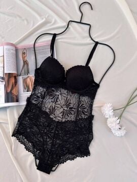Desteksiz Dolgulu Dantel Bodysuit - Siyah