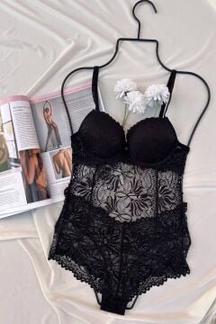 Desteksiz Dolgulu Dantel Bodysuit - Siyah