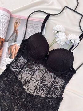 Desteksiz Dolgulu Dantel Bodysuit - Siyah
