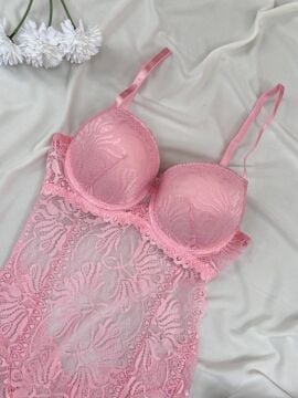 Desteksiz Dolgulu Dantel Bodysuit - Pembe