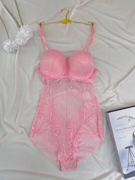 Desteksiz Dolgulu Dantel Bodysuit - Pembe
