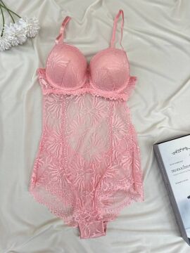 Desteksiz Dolgulu Dantel Bodysuit - Pembe