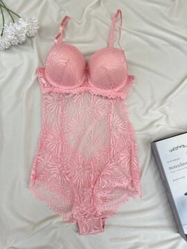 Desteksiz Dolgulu Dantel Bodysuit - Pembe