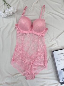 Desteksiz Dolgulu Dantel Bodysuit - Pembe