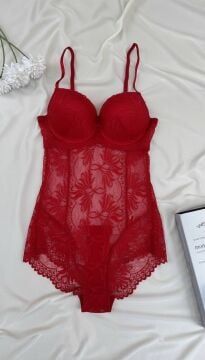 Desteksiz Dolgulu Dantel Bodysuit - Kırmızı