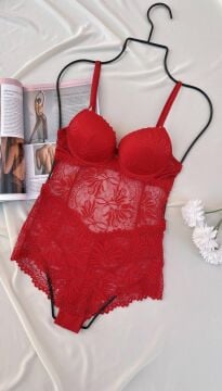 Desteksiz Dolgulu Dantel Bodysuit - Kırmızı